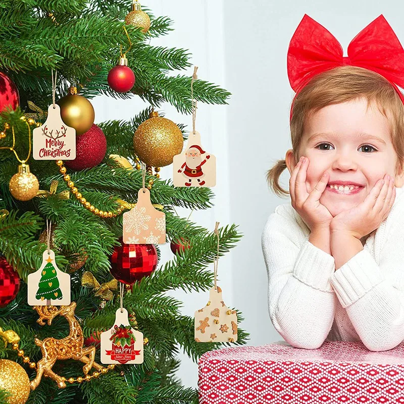 Étiquettes de vache en bois non finies avec cordes, bricolage artisanal, décor de fête de Noël, 120 pièces