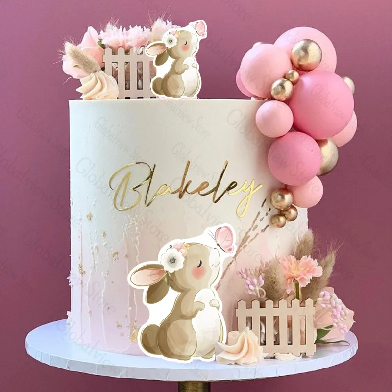 43Pcs Różowy Królik Dekoracje Tortu Różowe Złote Kulki Tort Topper Królik Cupcake Topper Urodziny Baby Shower Chrzest Dekoracja Dziewczyna