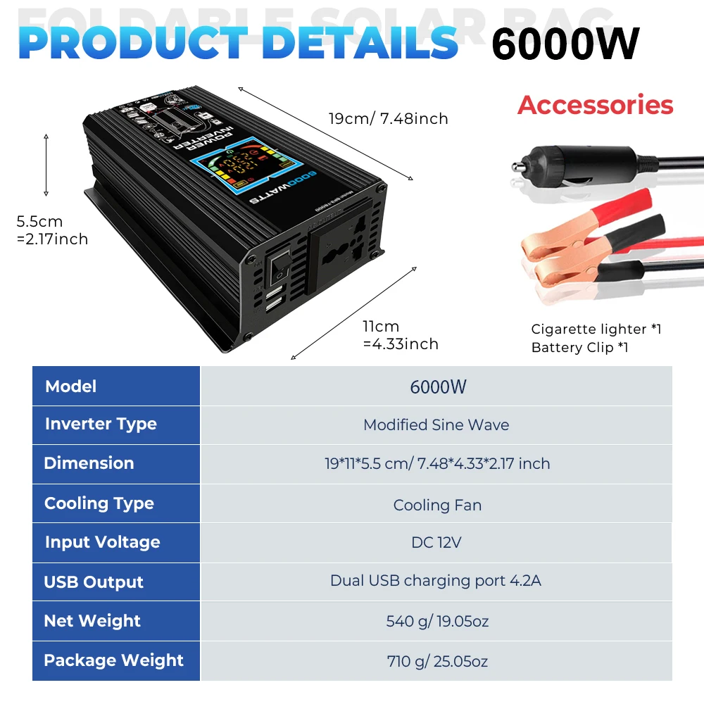 6000W Inverter DC 12V to AC 110V / 220V Vehicle Solar Power Inverter with Dual USB Digital Display For RVs and Small Appliances