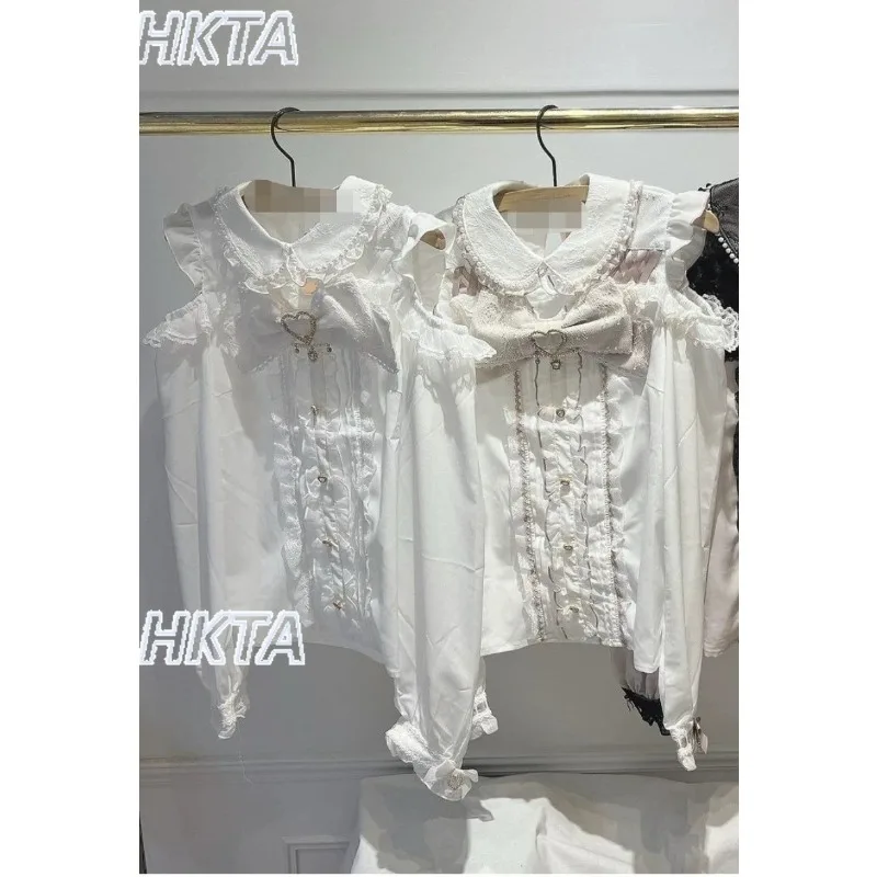 النمط الياباني الخريف جديد قبالة الكتف الدانتيل القوس الكبير دمية طوق كم طويل قميص بلايز المرأة الحلو لوليتا الشيفون البلوزات #1