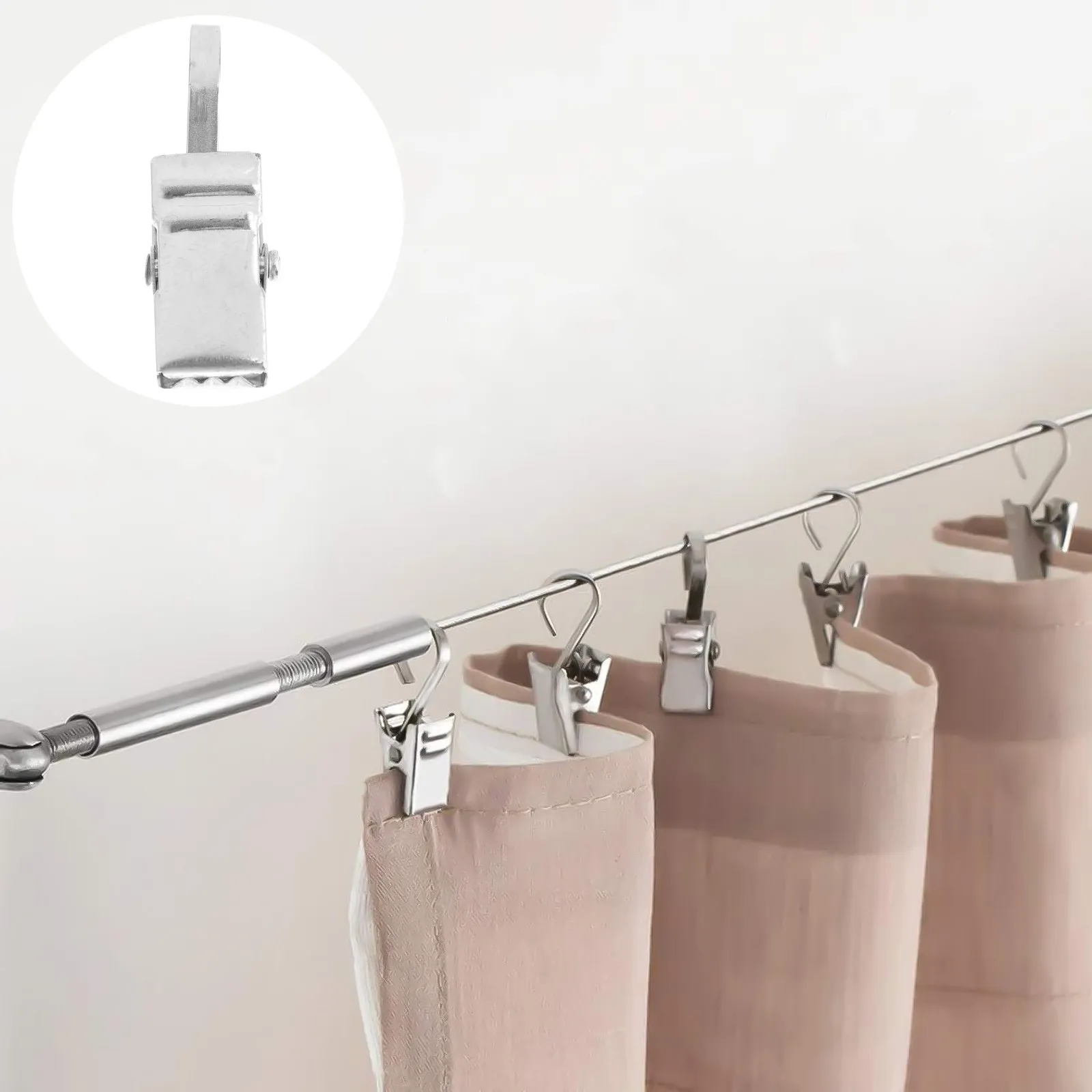 100Pcs Stainless Steel Drapery Hooks with Spring Tension Clip Easy Install Remove for Curtains Clinics Schools Offices Homes