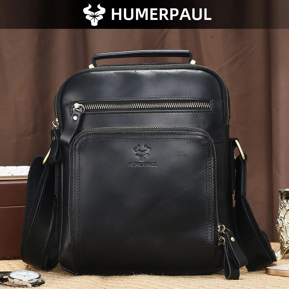 

HUMERPAUL Crazy Horse Leather Men's Shoulder Bag Vintage Office Messenger Bags Male Bolsos Casual Crossbody Messenger Sling Bag