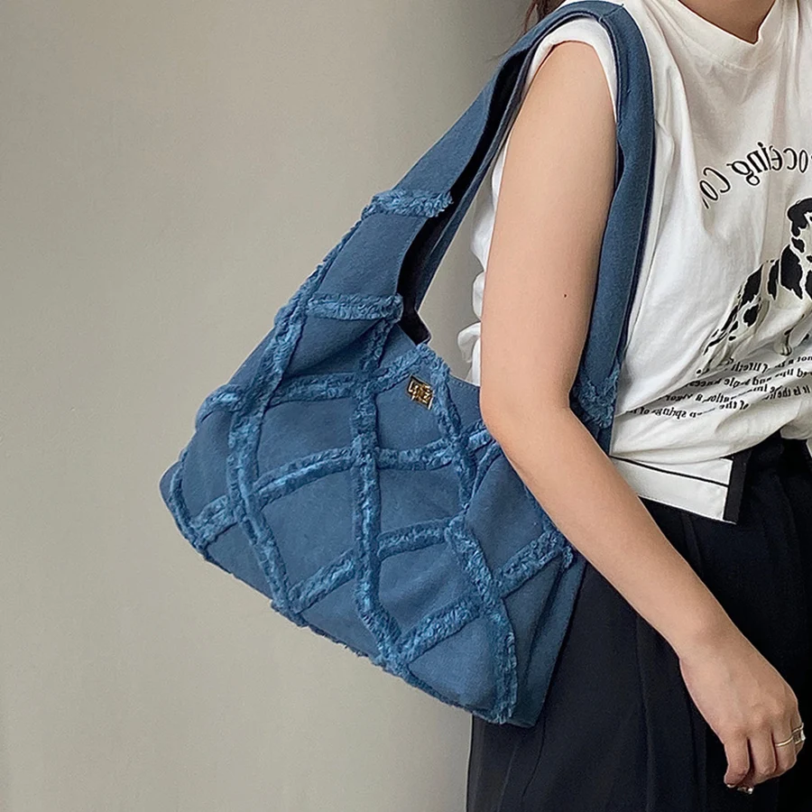 

Vintage fringed diamond handbags female design denim canvas hobo underarm bag casual large capacity shoulder Tote bag blue bolsa