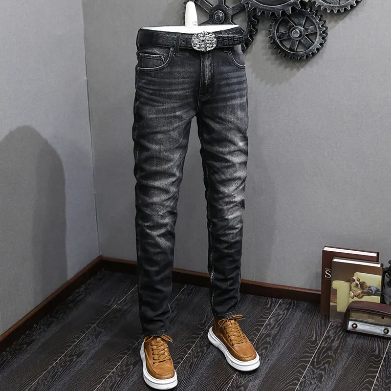 

Fashion Designer Men Jeans High Quality Retro Black Gray Stretch Slim Fit Ripped Jeans Men Vintage Casual Denim Pants Hombre