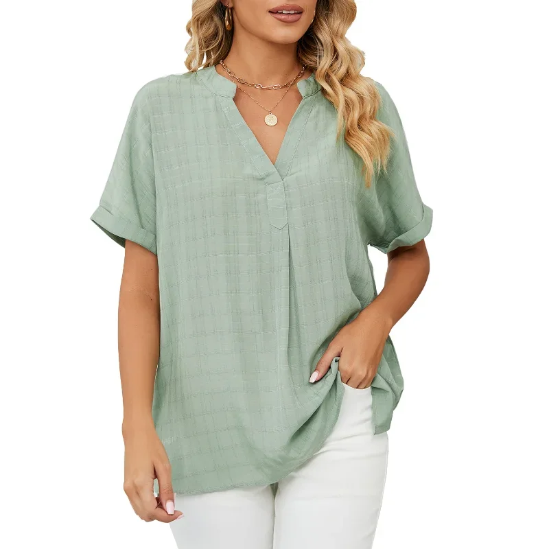 

Spring Summer Temperament Europe and America Women's Clothing Fashion Casual Solid Color All-match Loose Short Sleeve Tops Shirt