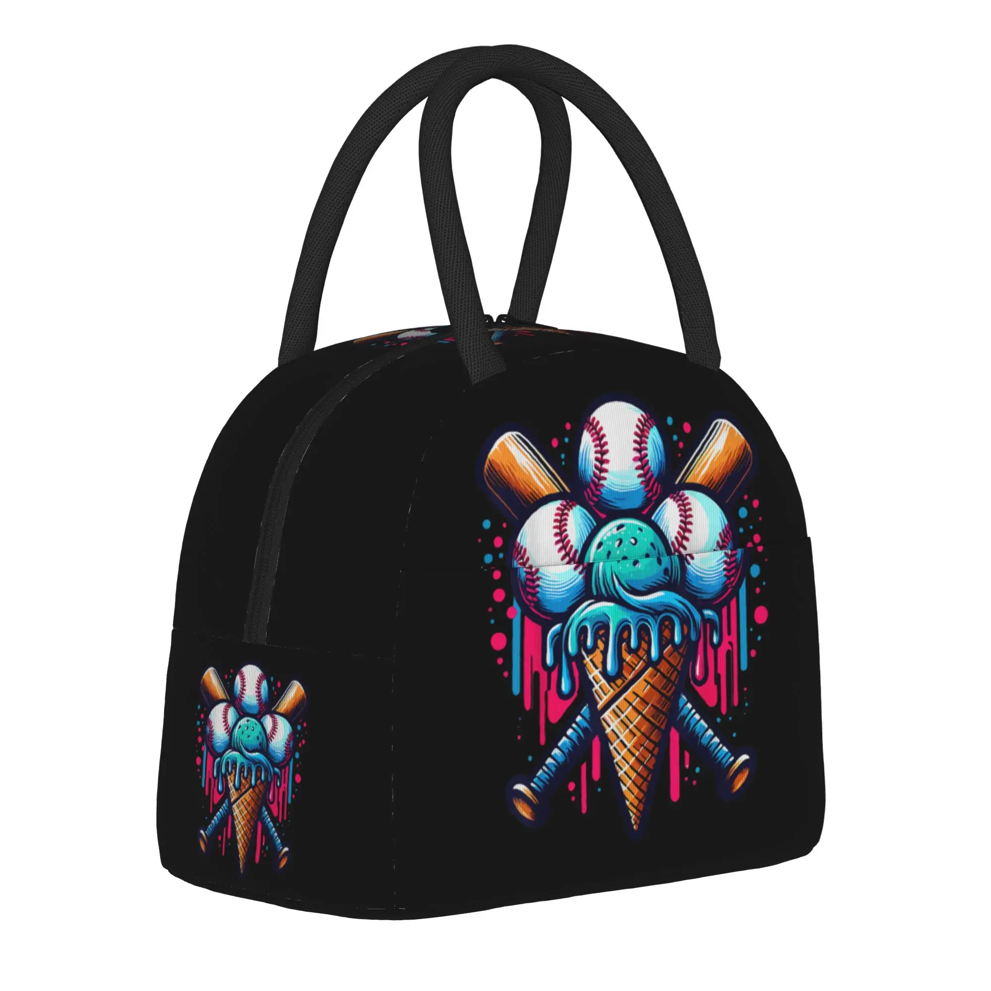 Baseball Bat Ice Cream Watercolor  Insulated Lunch Bags Thermal Bag Reusable  High Capacity Tote Lunch Box Men Women