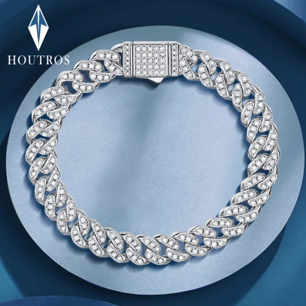 

Houtros 8mm All Moissanite Cuban Chain Bracelet for Men Women 925 Sterling Silver 3.1CTTW Hip Hop Diamond Link Fine Jeweley