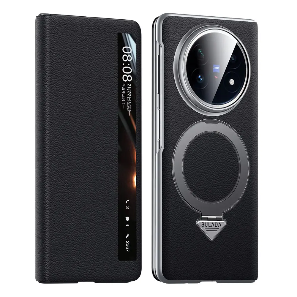 

Premium Natural Cowhide Leather Bracket Case for Honor Magic V5 Matte Window View Cover