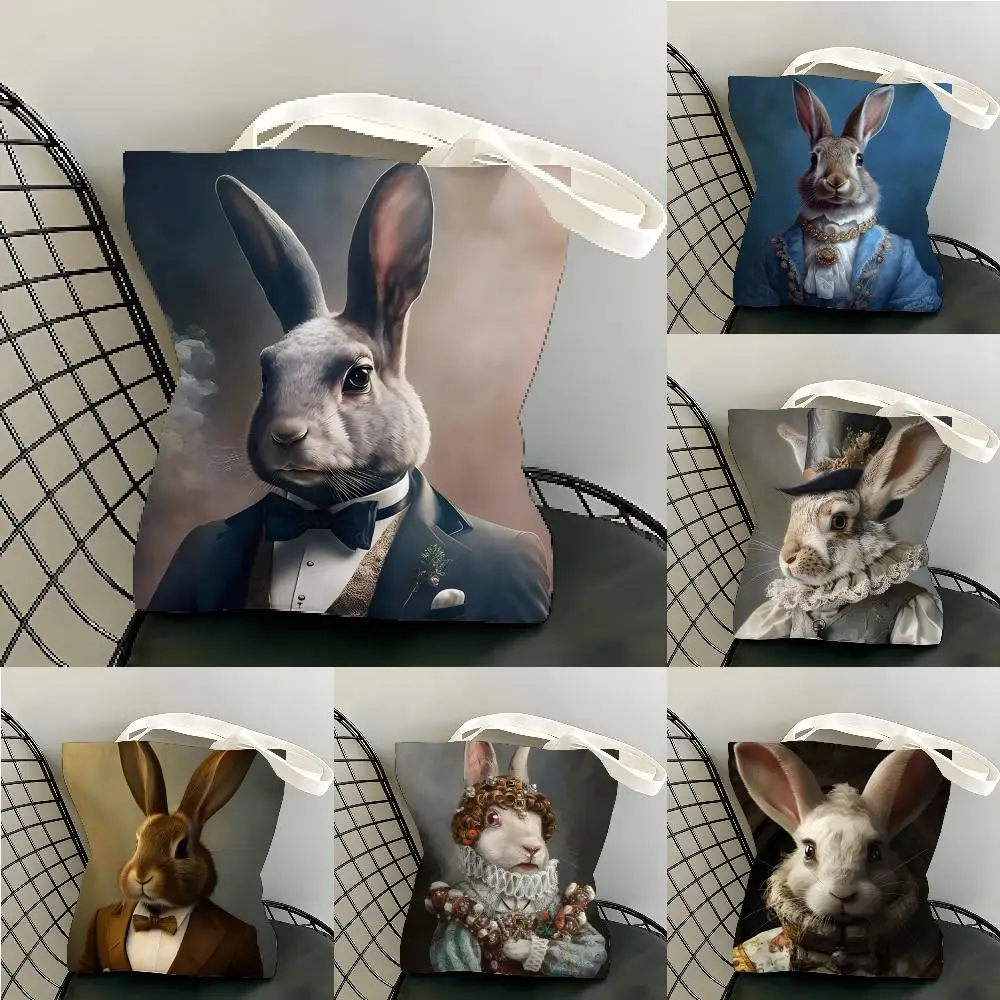 Rabbit Portrait Renaissance Storage Bags Canvas Tote Bag Women Large Capacity Reusable Eco Shopping Shoulder Handbag