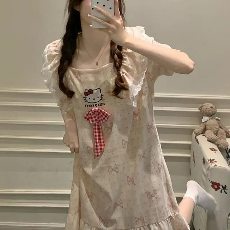 

Sanrio Hello Kitty Princess Pajamas Dress Women Night Skirt Short Sleeve Sleepwear Long Dresses Pijama Summer Clothing Home Suit