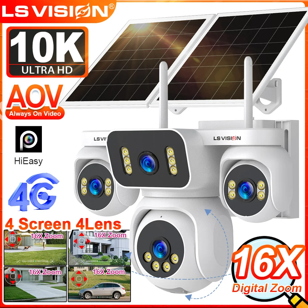 

LS VISION 20MP AOV 4G Solar Camera 16X Zoom Outdoor Surveillance Camera Four Len 24/7 Recording Auto Tracking Human Motion CCTV