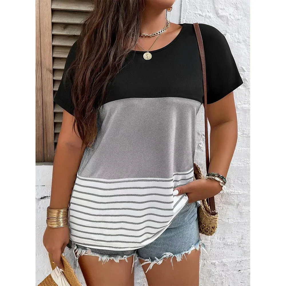 Camiseta de mujer con rayas coloridas y estampado 3d, Tops con cuello en V, camiseta informal sencilla a la moda para mujer, versión holgada de talla grande