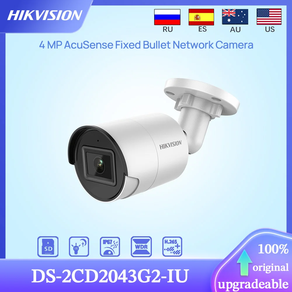 Hikvision Original DS-2CD2043G2-IU 4 MP AcuSense IR40M Fixed Bullet Muti-Language Network Camera POE Built in MIC&SD Slot H.265+