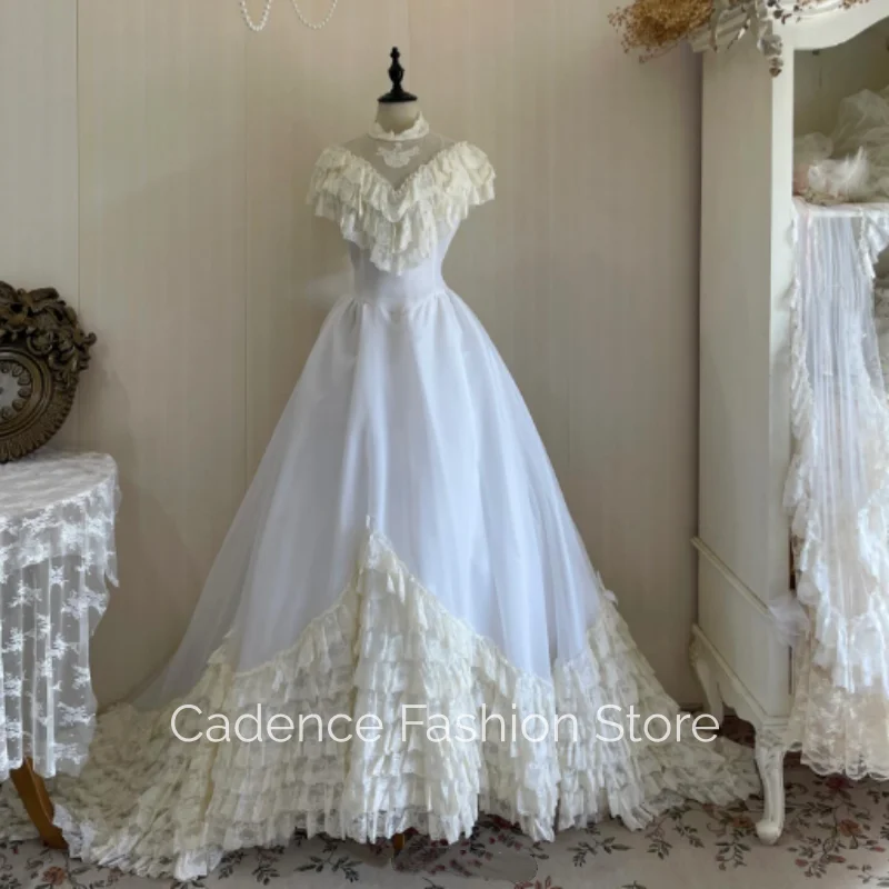 Vintage Ruffle Victorian Wedding Dress High Neck Sleeveless Design A Line Layered Medieval Bridal Gown Customized vestidos