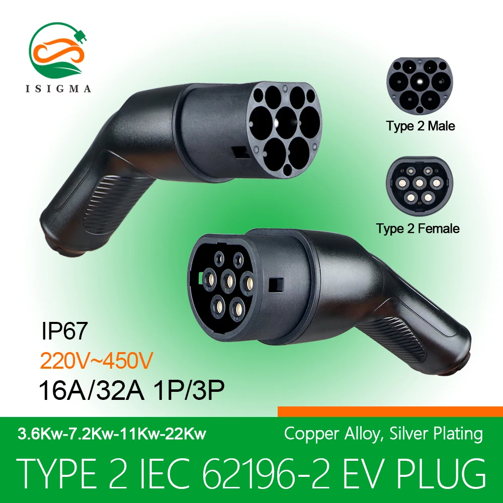 Isigma 16a 32a ev Ladegerät Typ2 Stecker Buchse IEC62196-2 Adapter 11kw 22kw Dreiphasen-Konverter für Elektroauto Fahrzeug