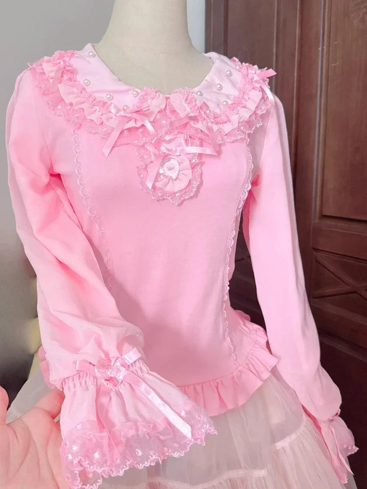 

Japanese Lolita Lace Patchwork Shirt Y2k Aesthetic Doll Collar Sweet Cute Blouse Women Flare Sleeve Grunge Tops Femme Harajuku