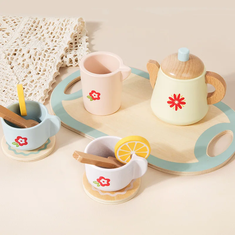 Wooden Tea Set Afternoon Snack Role Playing Toys Play House Pretend Make Tea Play With Teapot Teacup Boys Girls Gift Kids Gift