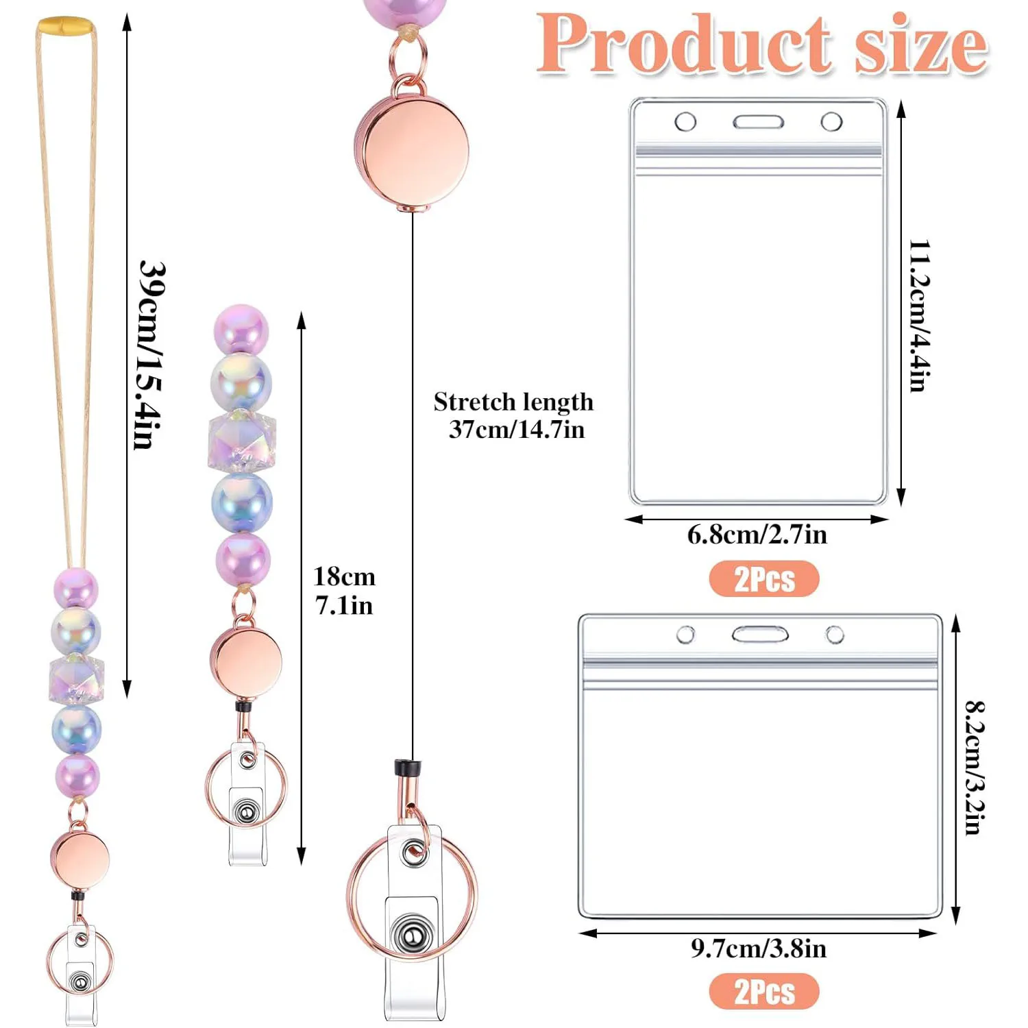 6 in 2 Set Retractable Lanyard for ID Badges, Teacher Lanyard with Badge Holders Beaded Cute Lanyards for ID Badges Keychain