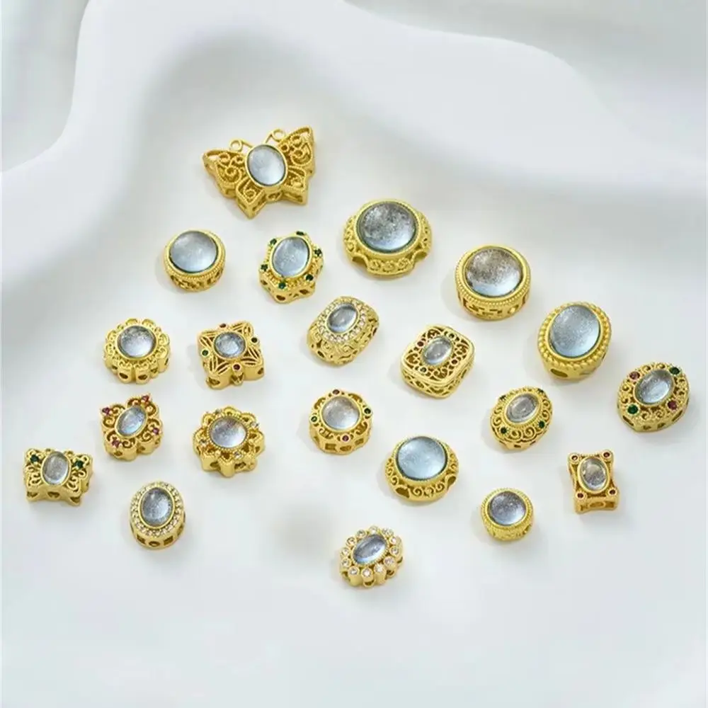 Copper Plated Matte Gold Inlaid Imitation Natural Stone, Cat Eye, Starry Sky & Sea Blue Treasure Porous Pearl Beads for DIY Jewe