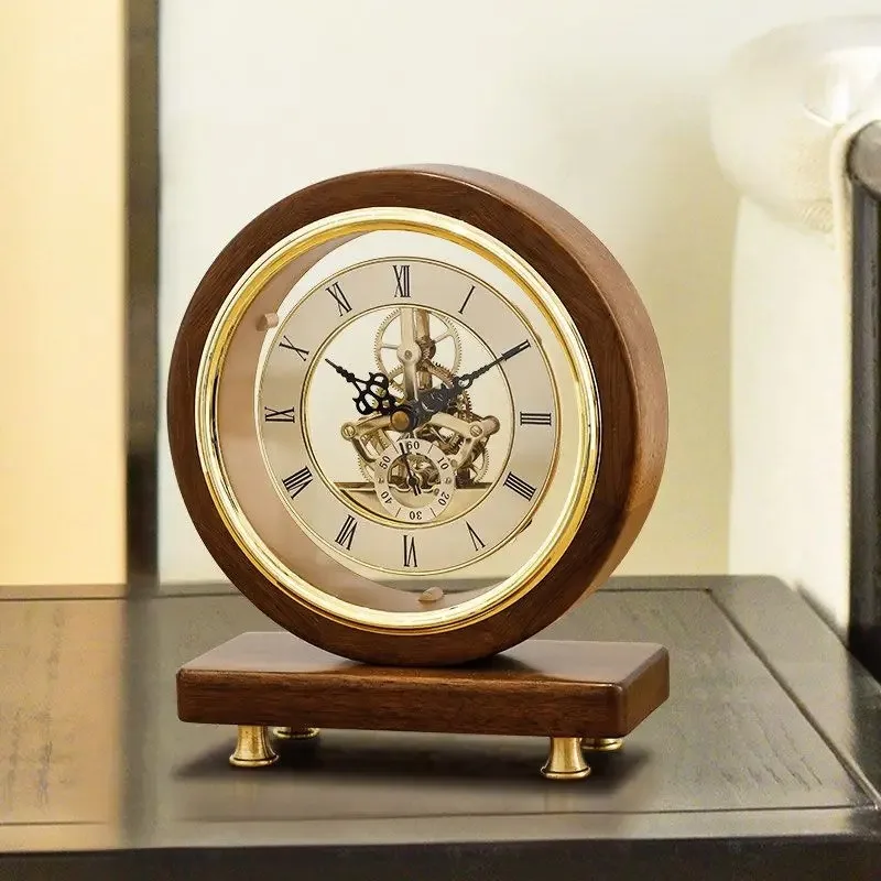 Vintage Table Clocks Solid Wood Desk Clock Metal Silent Movement Desktop Clocks Elegant Household Bedroom Decorate Tables Clock