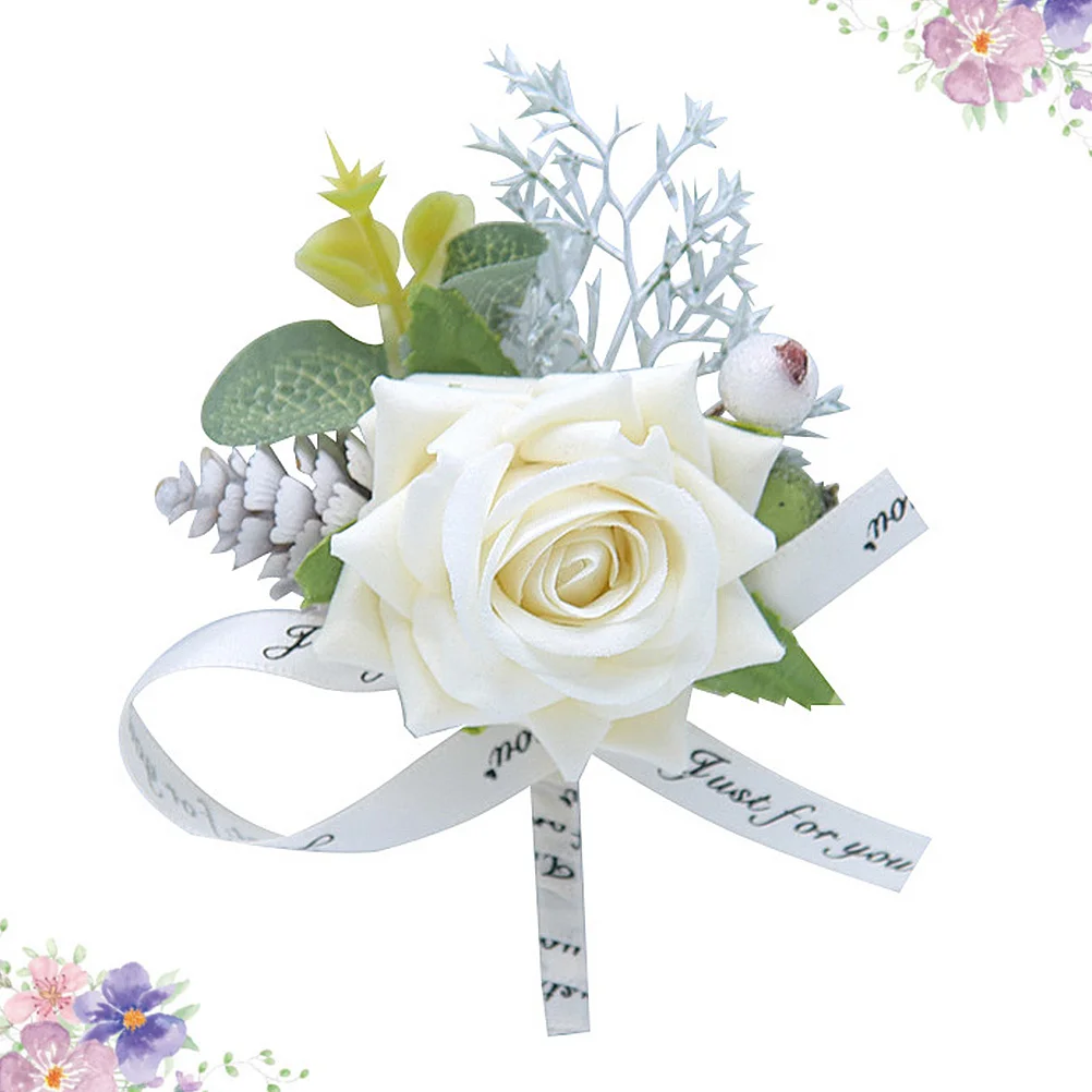 

1Pcs Artificial Flower Corsage Lint Rose Bowknot Brooch White Wedding Bride Bridesmaid Wrist Flower Banquet Holiday