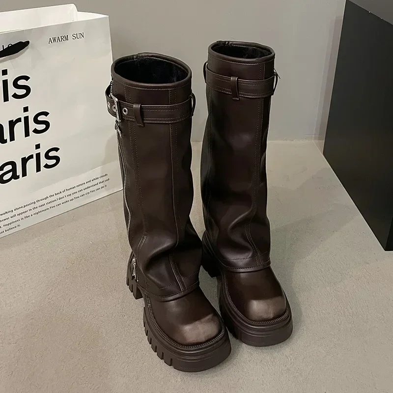 Winter Women Biker Boots Fashion Belt Buckle Ladies Elegant Platform Long Pipe Booties Casual Women's Knee High Booties image 3