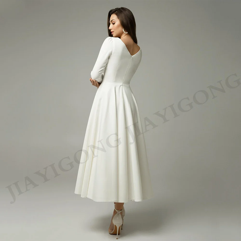 Tea Length Wedding Dress Customized Long Sleeves V Neck Simple Jersey A Line Short Bridal Gown Modest Civil Bride Dresses