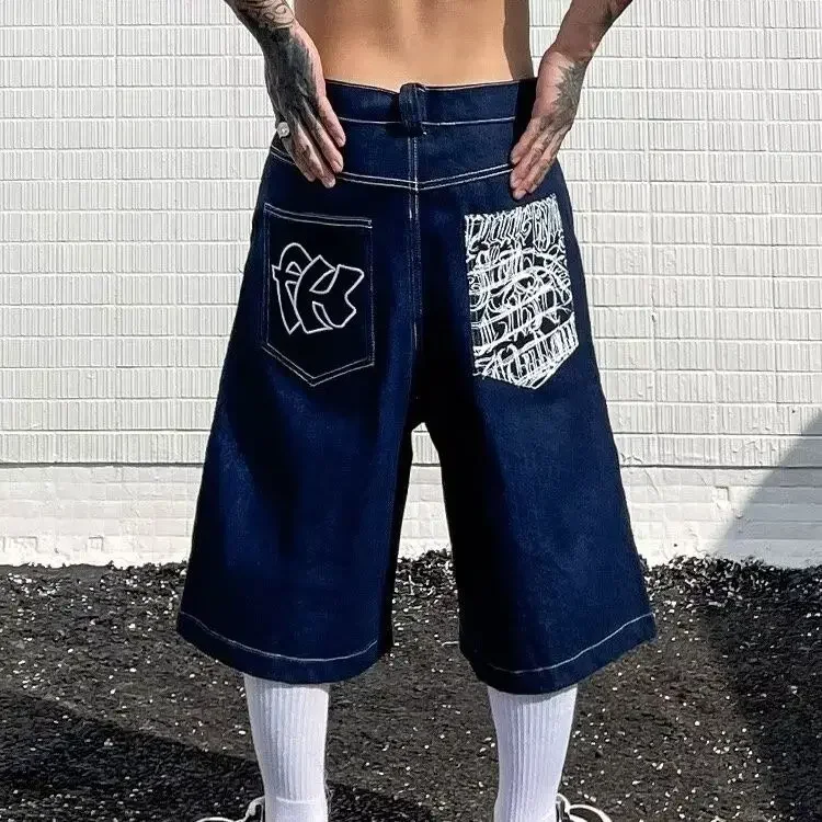 Men's Loose Denim Jorts Shorts with Black Graffiti embroidery Pockets, Hip-Hop Streetwear, Loose Knee Length Denim Shorts