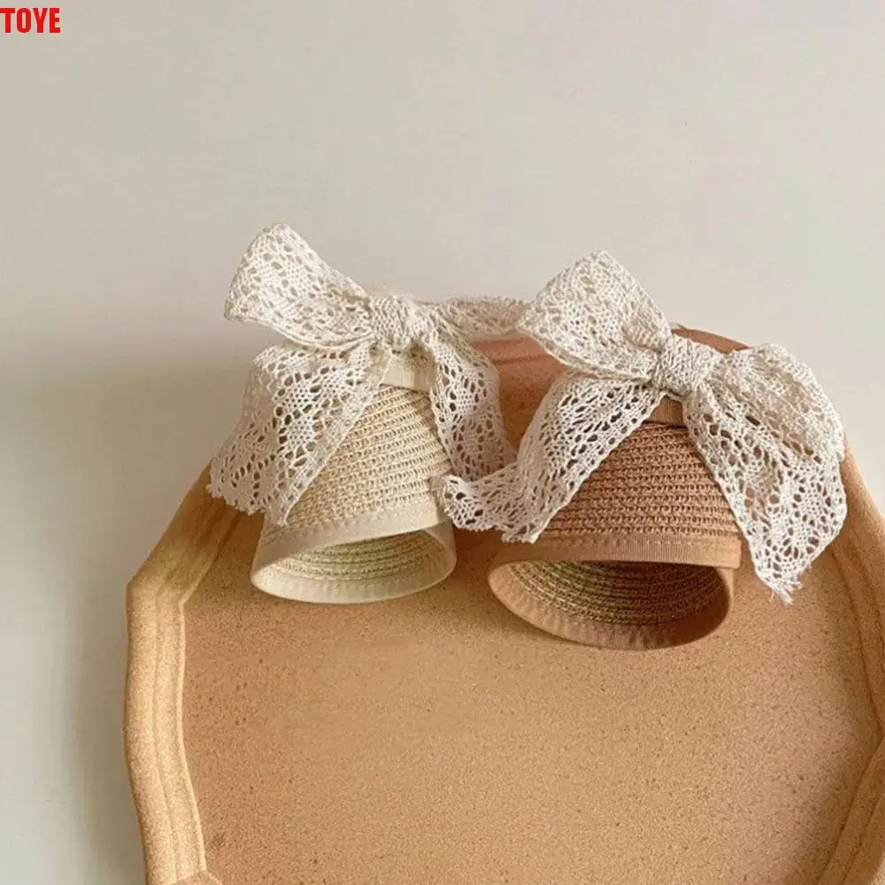 

New Summer Baby Straw Caps Korean Empty Top Bow Lace Straw Hat Beach Wide Brim Children Sun Hat Travel