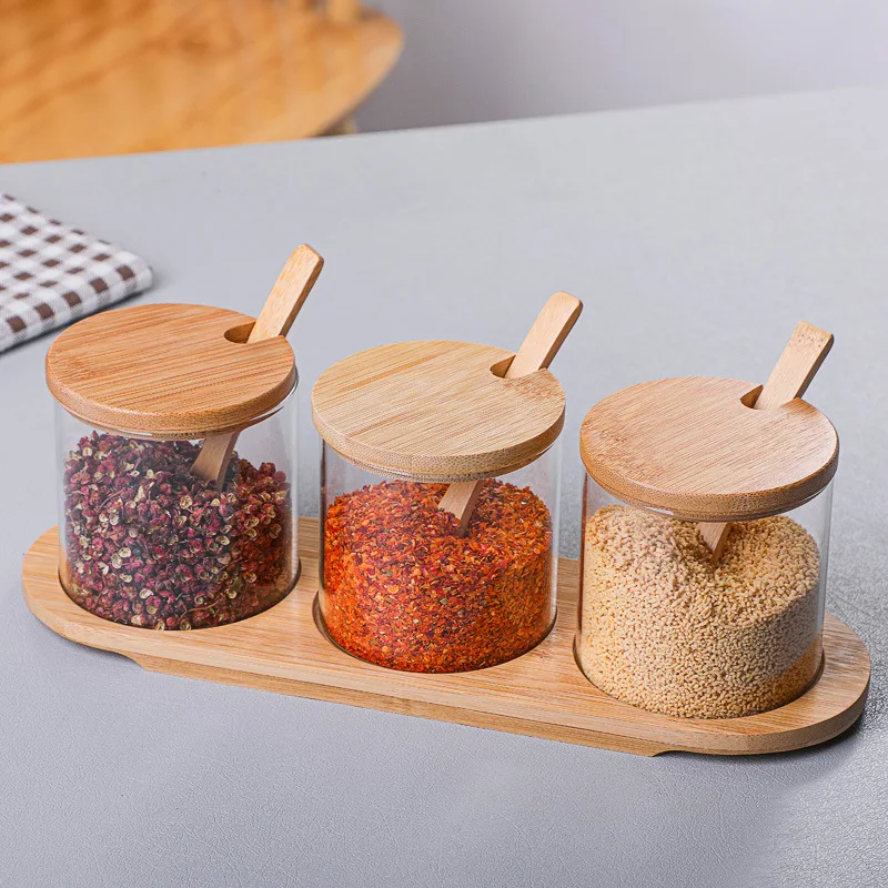 3PCS Glass Household Condiment Jars Salt Sugar Wooden Lid Transparent Paprika Container with Spoon for Kitchen