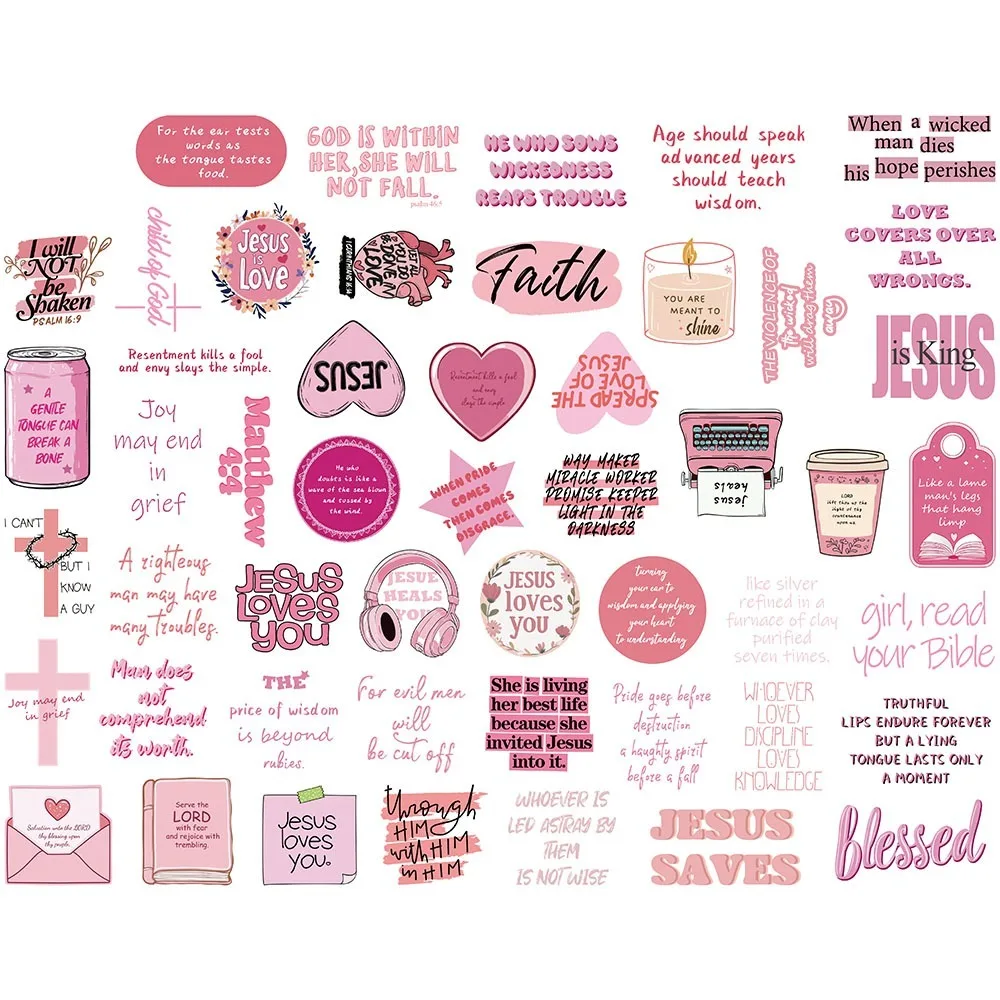 50PCS Pink Jesus Stickers Bible Verse Decals for Journal Water Bottle Laptop Christian Gift Kawaii Religious Decoration Parts