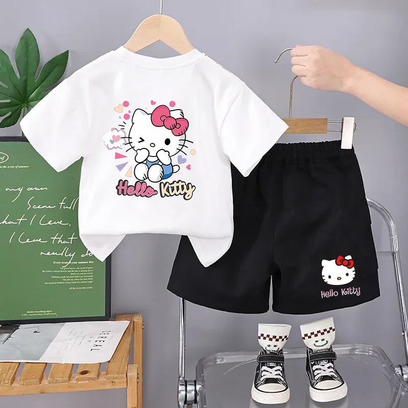

Hello Kitty Child Cotton T-shirt+shorts Set Cartoon Anime Graphic Print Tops Girls Cute Short Sleeves Summer Cool Clothes Gifts