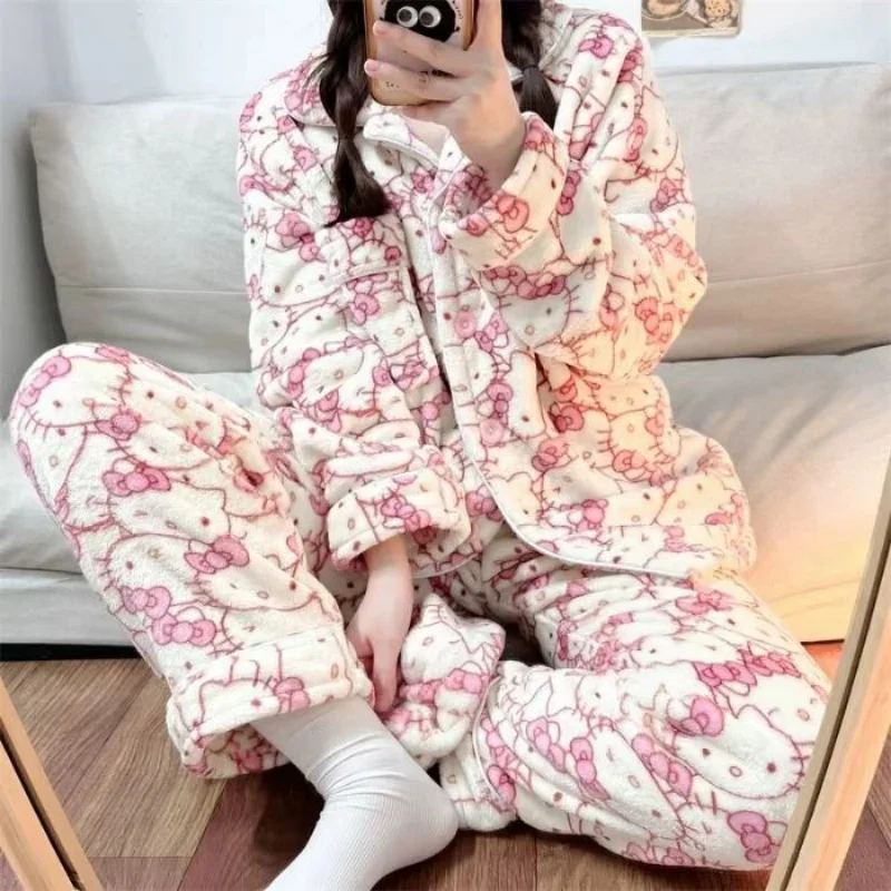 Winter Women's Hello Kitty Pajama Set Cartoon Flannel Pajamas Thickened Fluffy Plush Warm Comfortable Loose High Quality