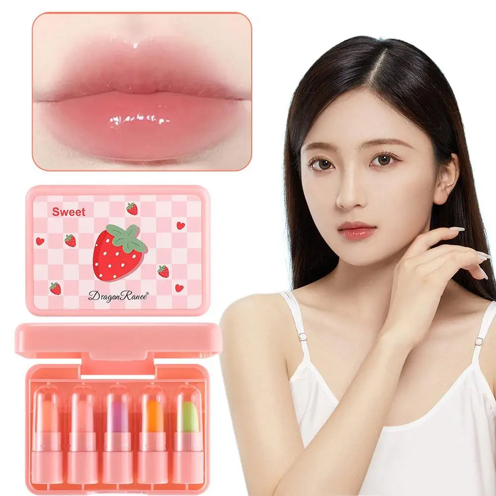 5pcs/set Mini Fruit Lip Balm Lip Oil Moisturizing Temperature Long Lip Color Lipstick Gloss Cosmetic Changing Hydrating Las C7t8