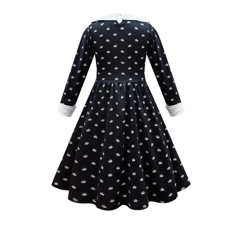 2025 12 Disfraz de Halloween para niños, disfraz de miércoles para mujer y niña, vestido de Cosplay Addams, bolsa de peluca, trajes Vintage con estampado gótico negro C