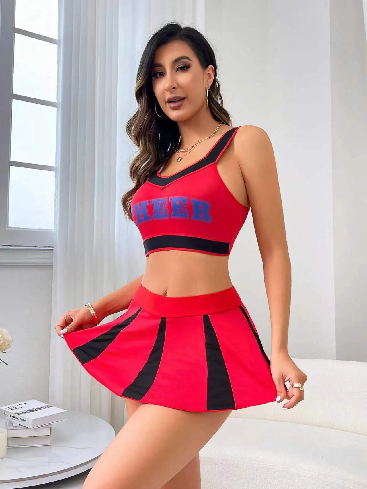 Cheerleading Miniskirt Sexy Top Set Full Coverage Tank Bra and Skirt