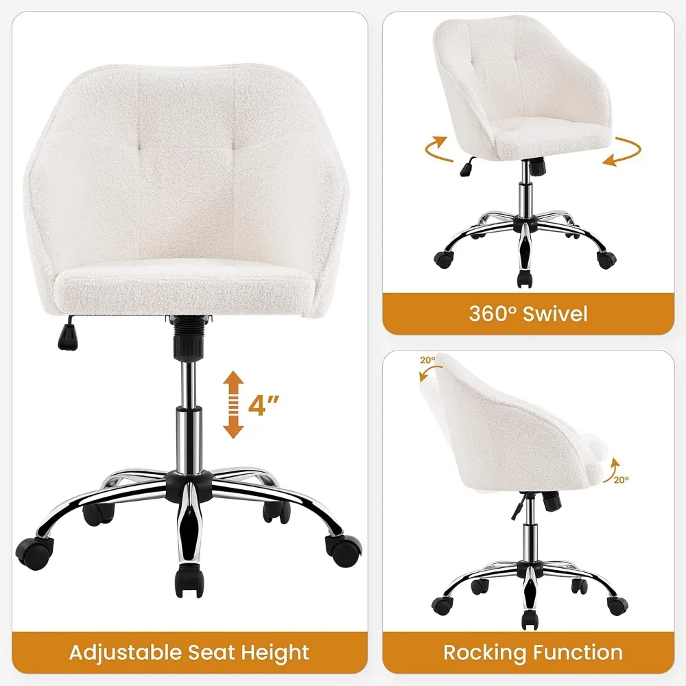 Modern Boucle Desk Chair, Vaidade Maquiagem com ângulo de inclinação ajustável, Cadeira giratória do escritório, Poltrona estofada, Estudo Cadeira, Marfim Cor