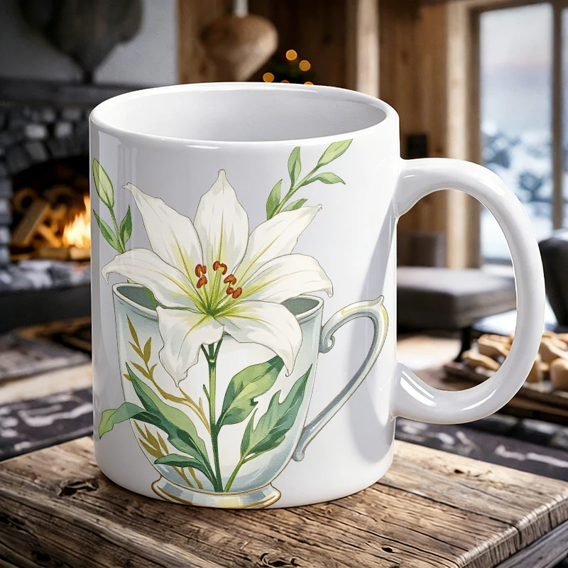 

1PCS Elegant Lily Pattern Ceramic Cup, Coffee Cup, Milk Cup, Office Tea Cup, Drinking Cup, Does Not Fade, Gift for Friends