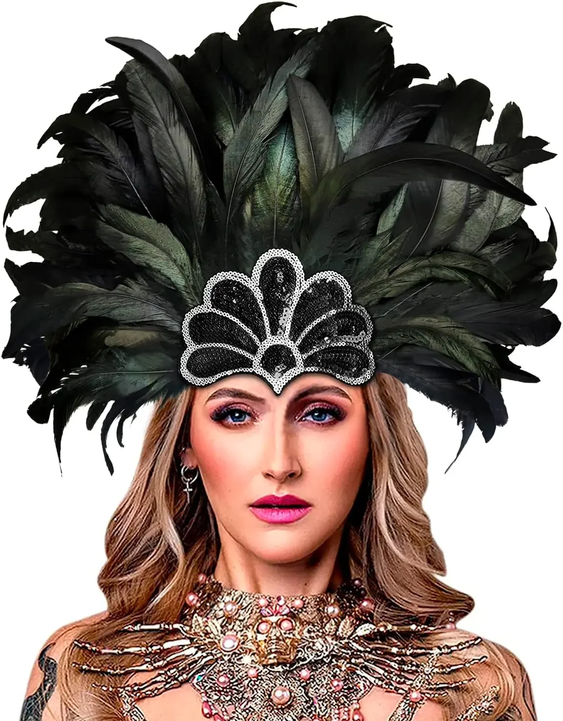 Women\'s Black Feather Headpiece Carnival Caribbean Headdress Showgirl Accessories