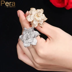 Pera Luxury Big Statement Leaf Cluster Shape for Women Wedding CZ Stone Yellow Gold Color Bridal Finger Rings Jewelry Gift R091
