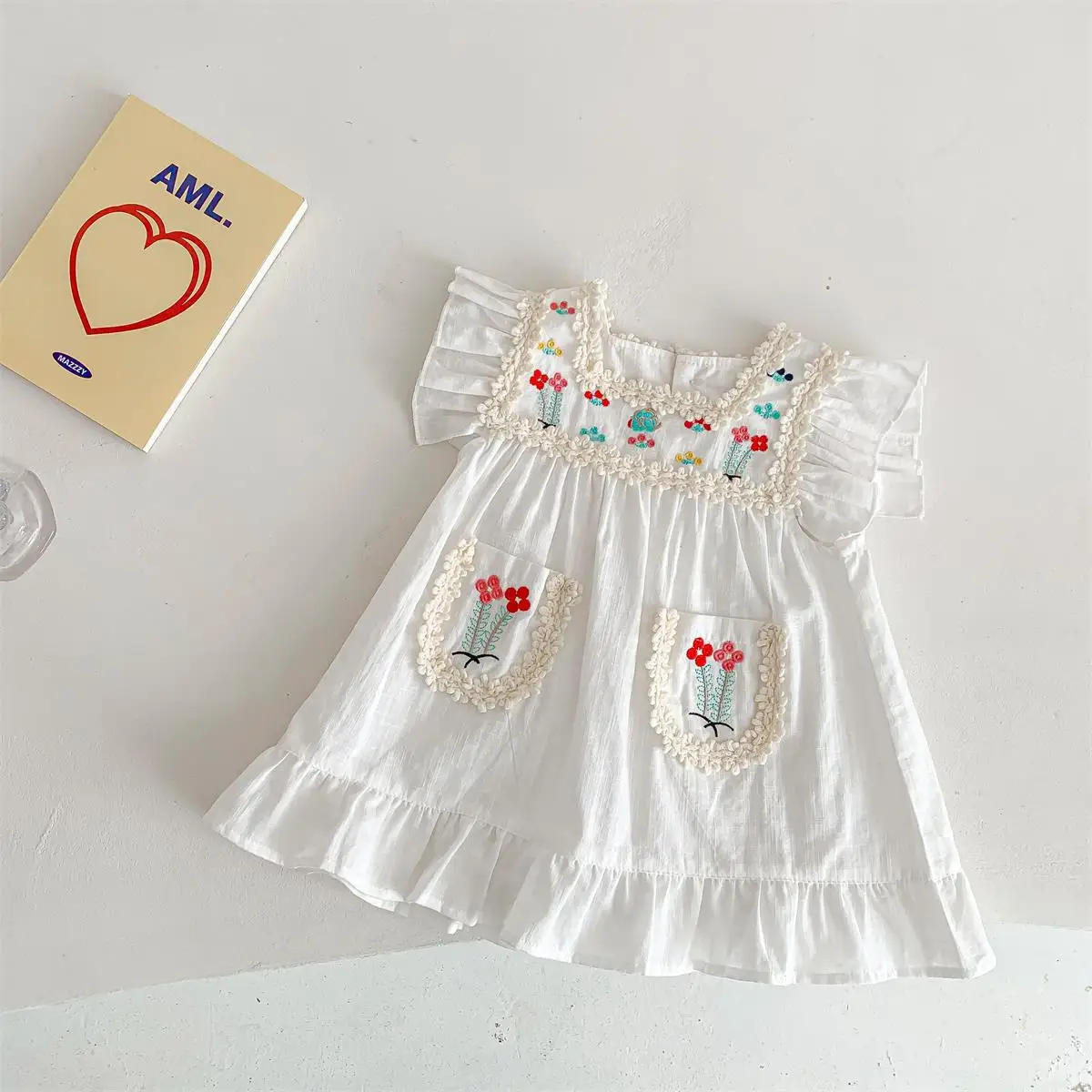 Summer New Full Body Embroidered Colorful Little Flower Flying Sleeve Dress For Girls Korean Cotton Dress