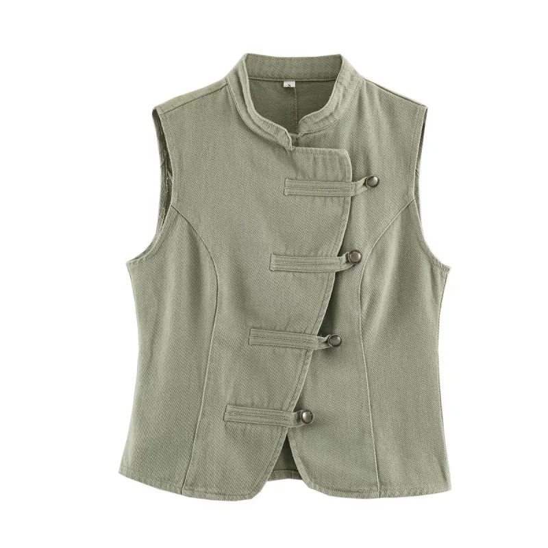 2026 Fashionable Multiple Color Women's Denim Top with Rope Knot Buckle Spring Summer New Arrival Slim Fit Round Neck No Sleeve
