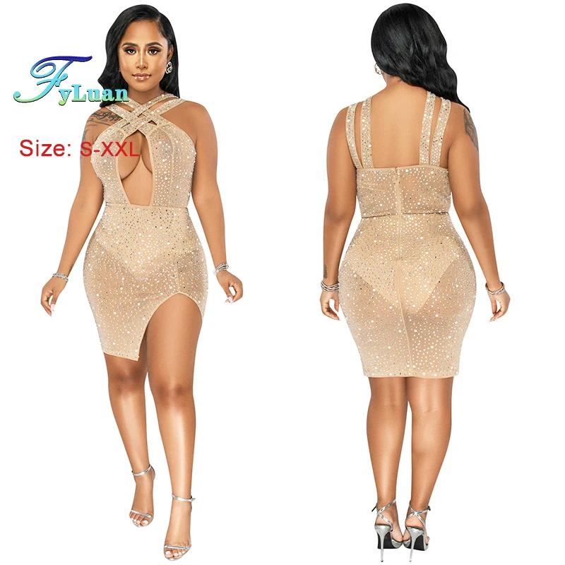 Splendido abito da festa corto da donna in rete trasparente scintillante estiva Temperamento sexy Sottile e sottile Cut-Out Crystal Party Night Clubwear