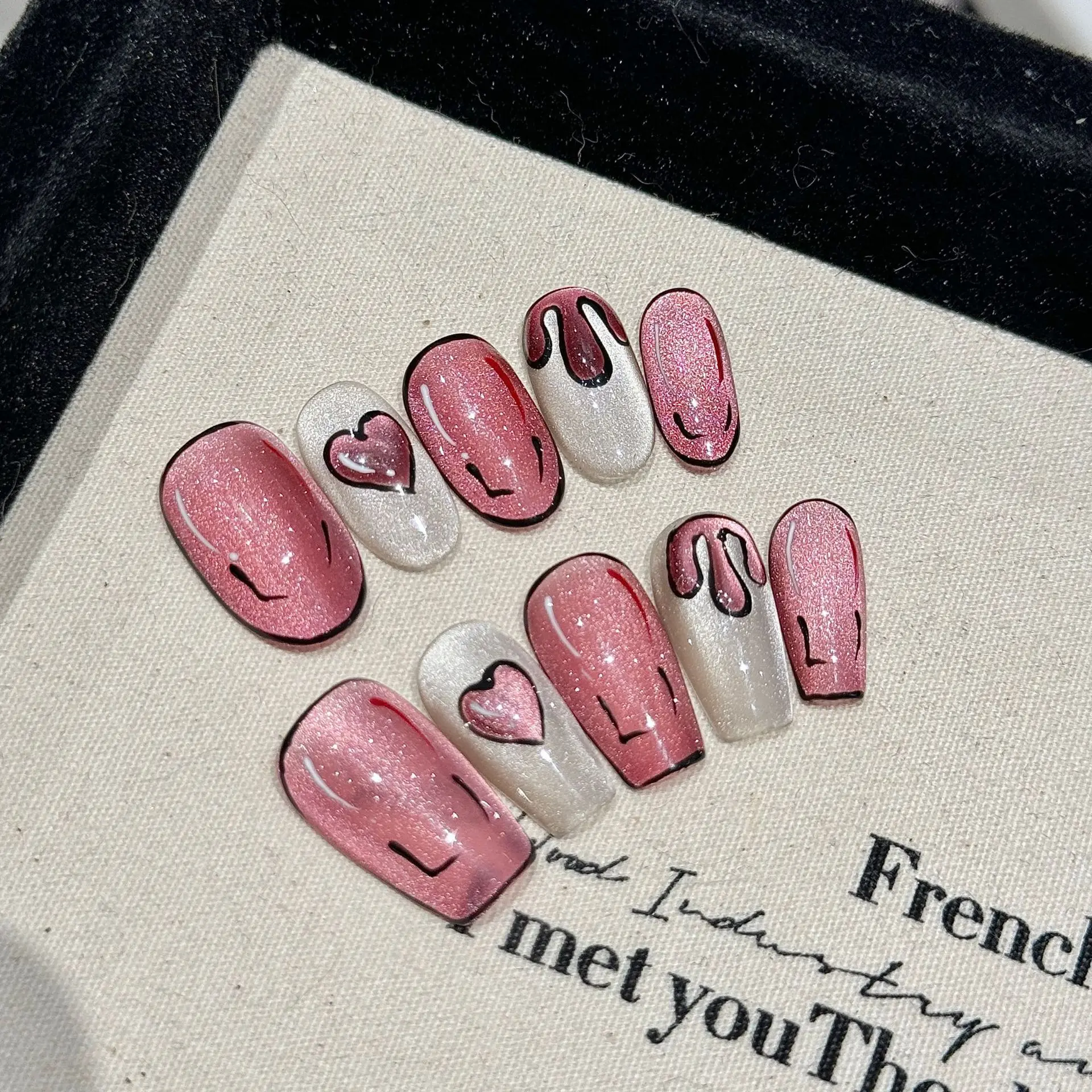 10 PCS Luxury Handmade Press on Nails Short Oval Hand-painted diffuse wind Design with 4-PIECE Tool Adhesive Nail Glue Tabs