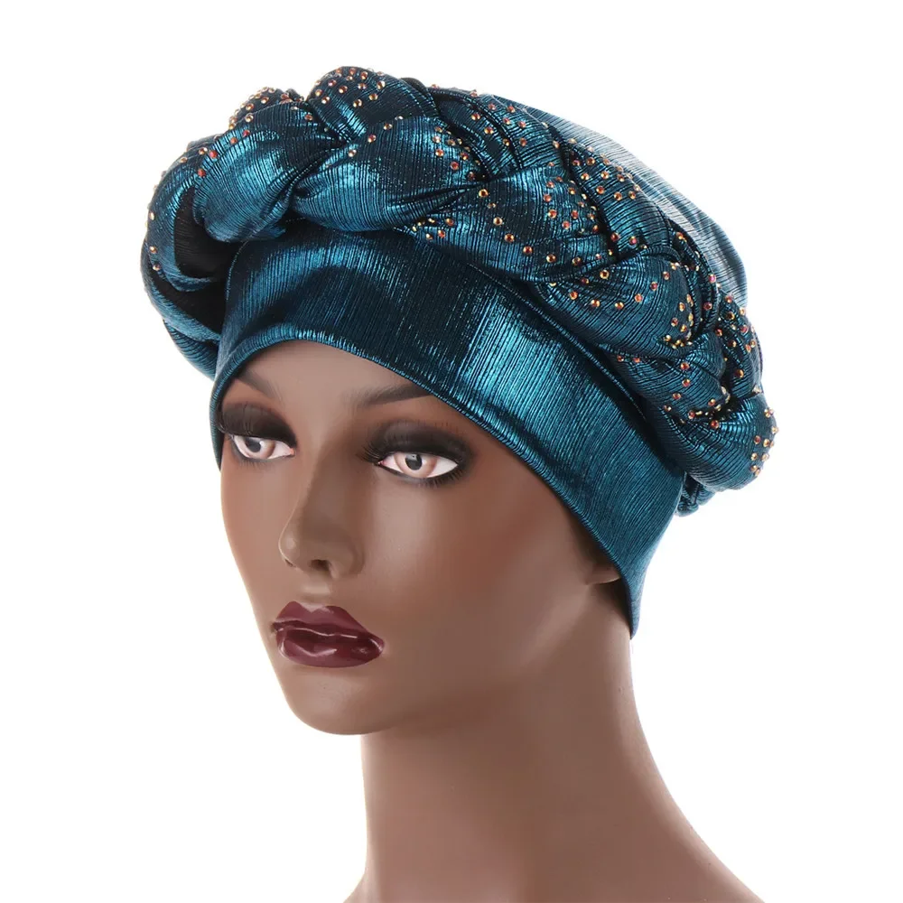 Lastest African Party Bonnet Turban Hijab Chemo Cap Wedding Aso Oke Headtie Muslim Already Made Auto Gele Nigerian Head Wraps