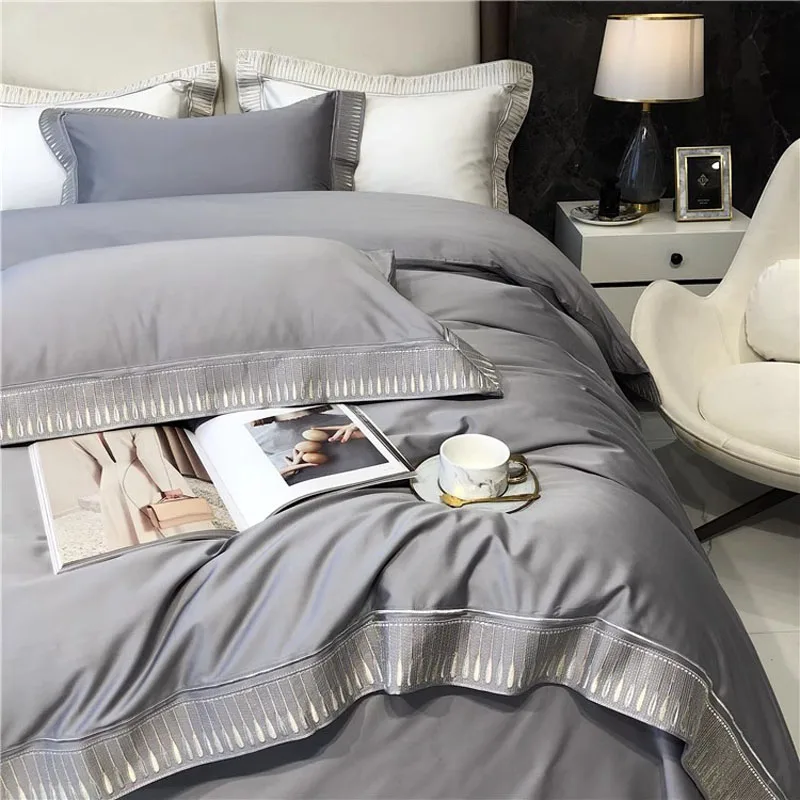 2024 High-end Light Luxury Style Long-staple Cotton Four-piece Set Pure Cotton New Sate Embroidery Quilt Set Bedding Gray Color