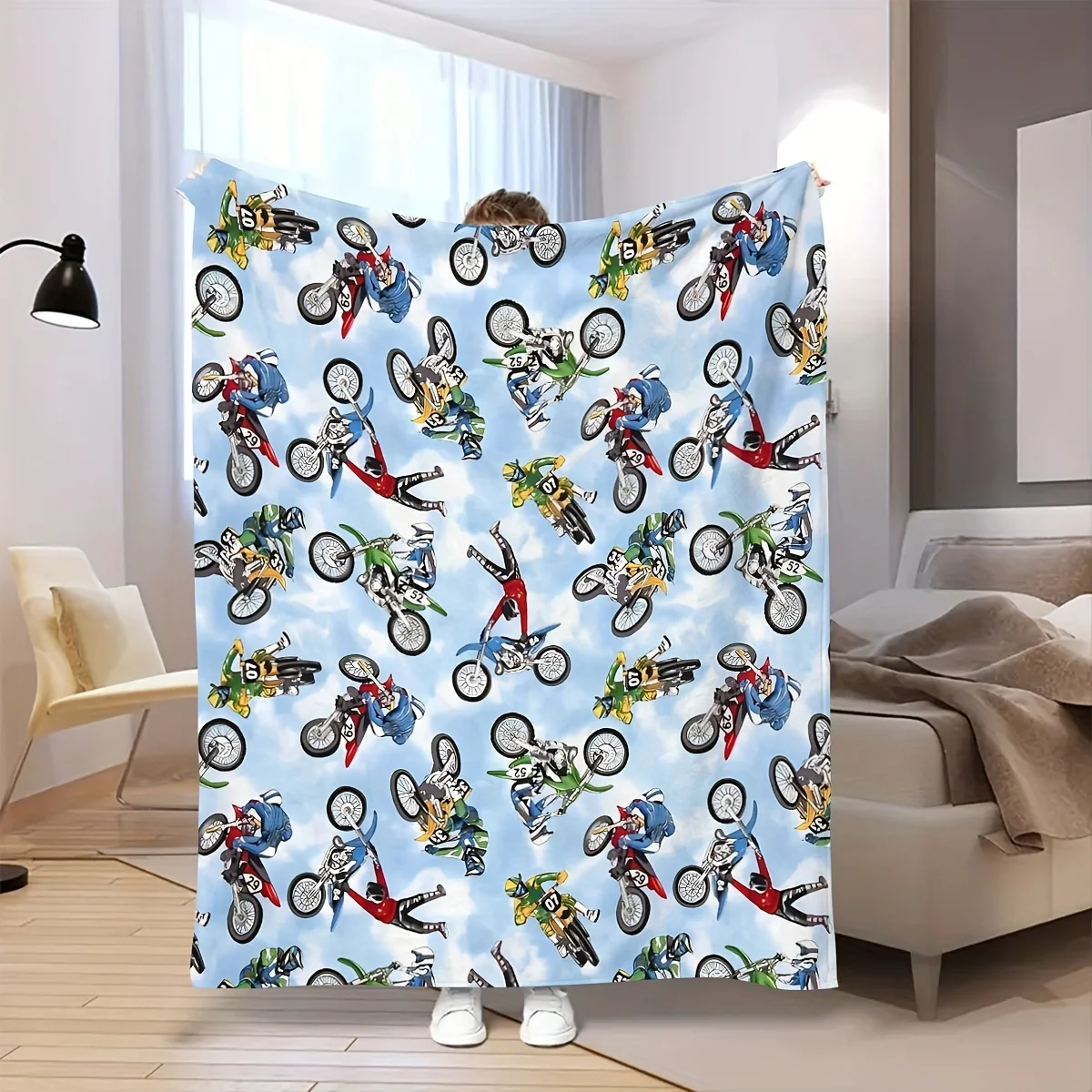 Contemporary Style Motorcycle Racing Performance Digital Print Flannel Throw Blanket - Soft Comfortable, All-Season Knitted Poly