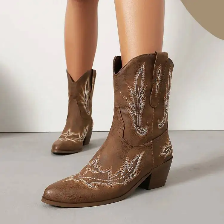 

Brown Women's Ankle Boots Embroidered Western Cowboy Boot Fashion Shoes Big Size 34-46 2026