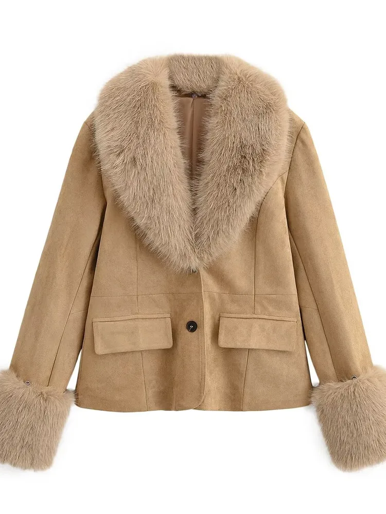 شتاء جديد المرأة سليم صالح فو الفراء تأثير المخملية بدلة جلدية Jaet خمر Sle طويل Sve زر إغلاق اللون #4