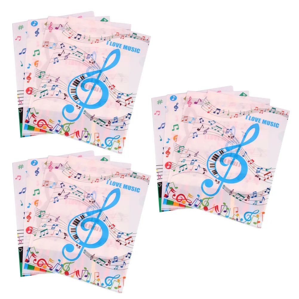 12Pcs L-Shape PVC Document Folder Music Note Pattern A4 Two-Page File Organizer Reusable Plastic File Holder School Office